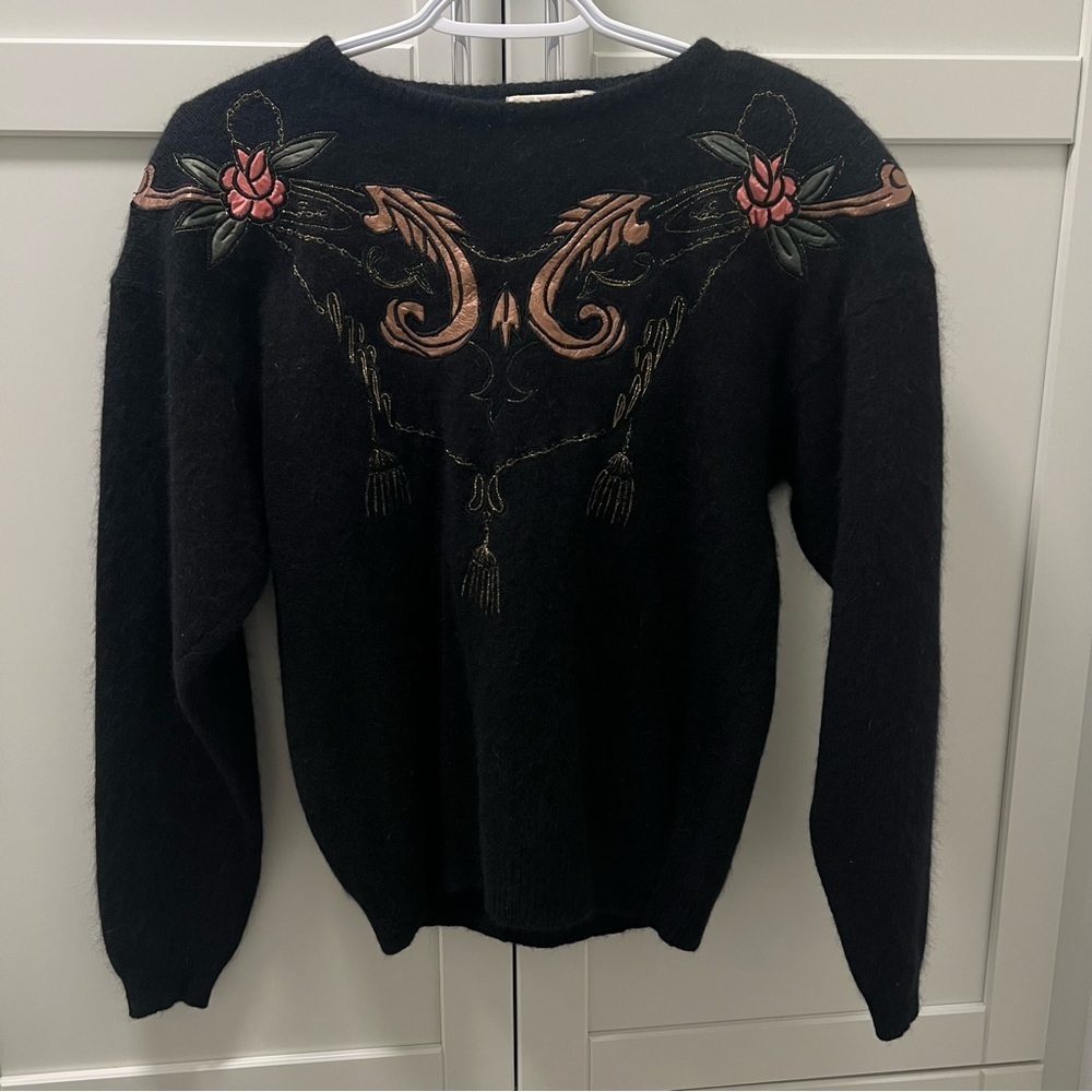 VINTAGE FRANCO VALERI Angora & Lambswool Metallic Embroidered Black Sweater